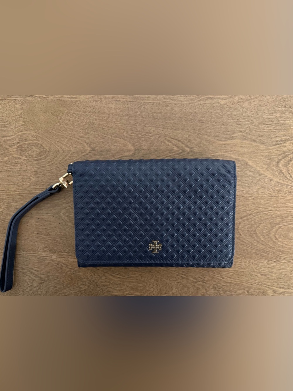 Tory Burch Navy Embossed Leather Wristlet
